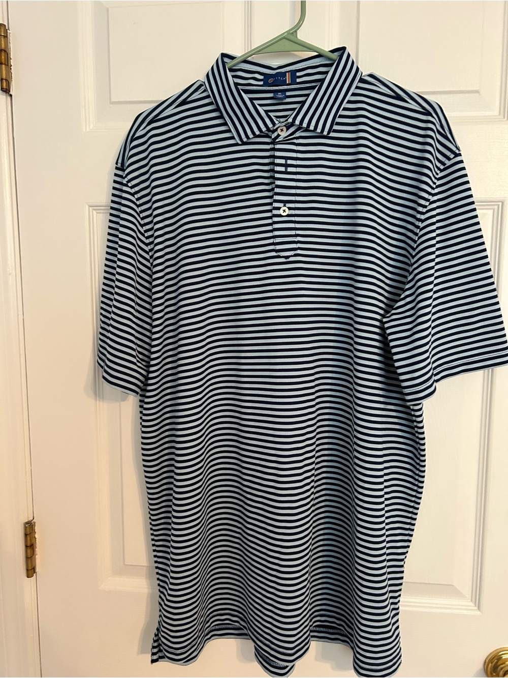Stitch Men's Navy and Light Blue Striped Polo Shirt